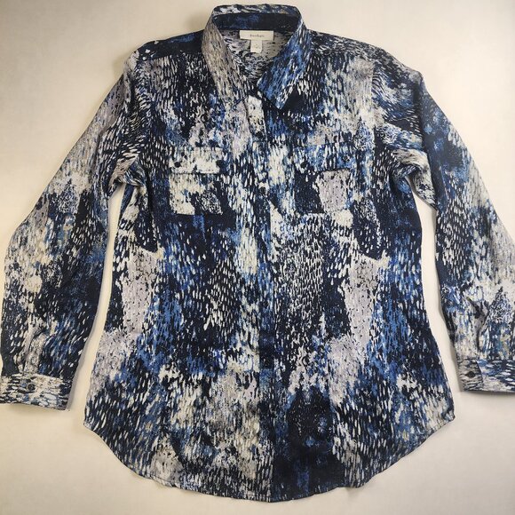 Dress Barn Tops - DressBarn Floral Button Up Womens Large L Blue White Pockets Stretch Wave Blouse